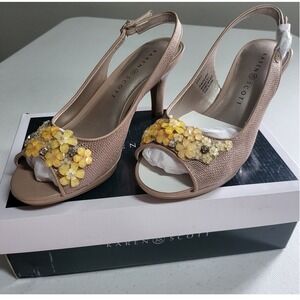 Karen Scott Dress Sandals Floral Embellished Slingback‎ Heels Beige Size 7